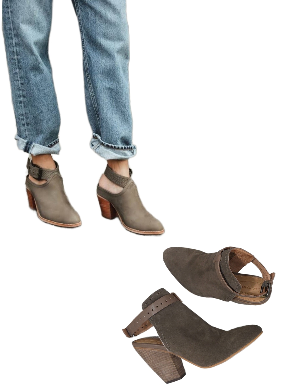 CORSO COMO "Stowe" Suede Stacked Block Heel Buckle Booties